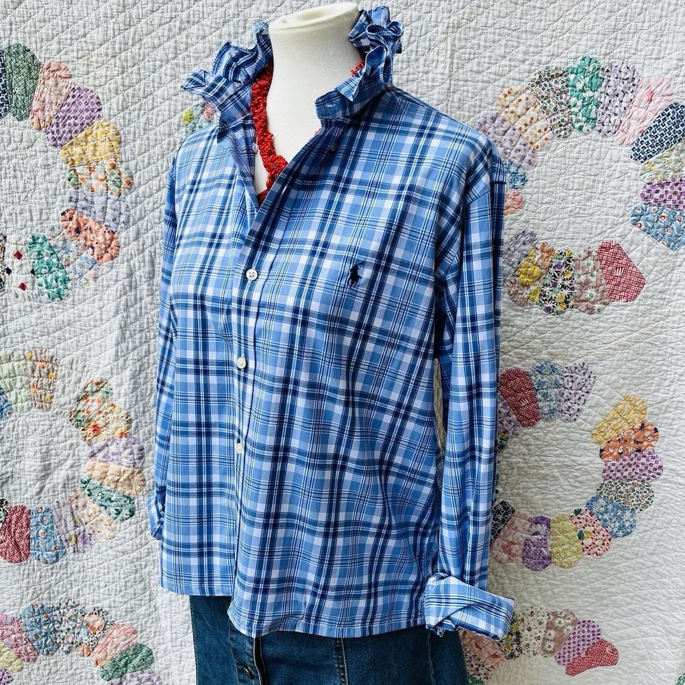Upcycled Re-worked Ralph Lauren Performance Blue Plaid Ruffle Collar Shirt M - Picture 3 of 10